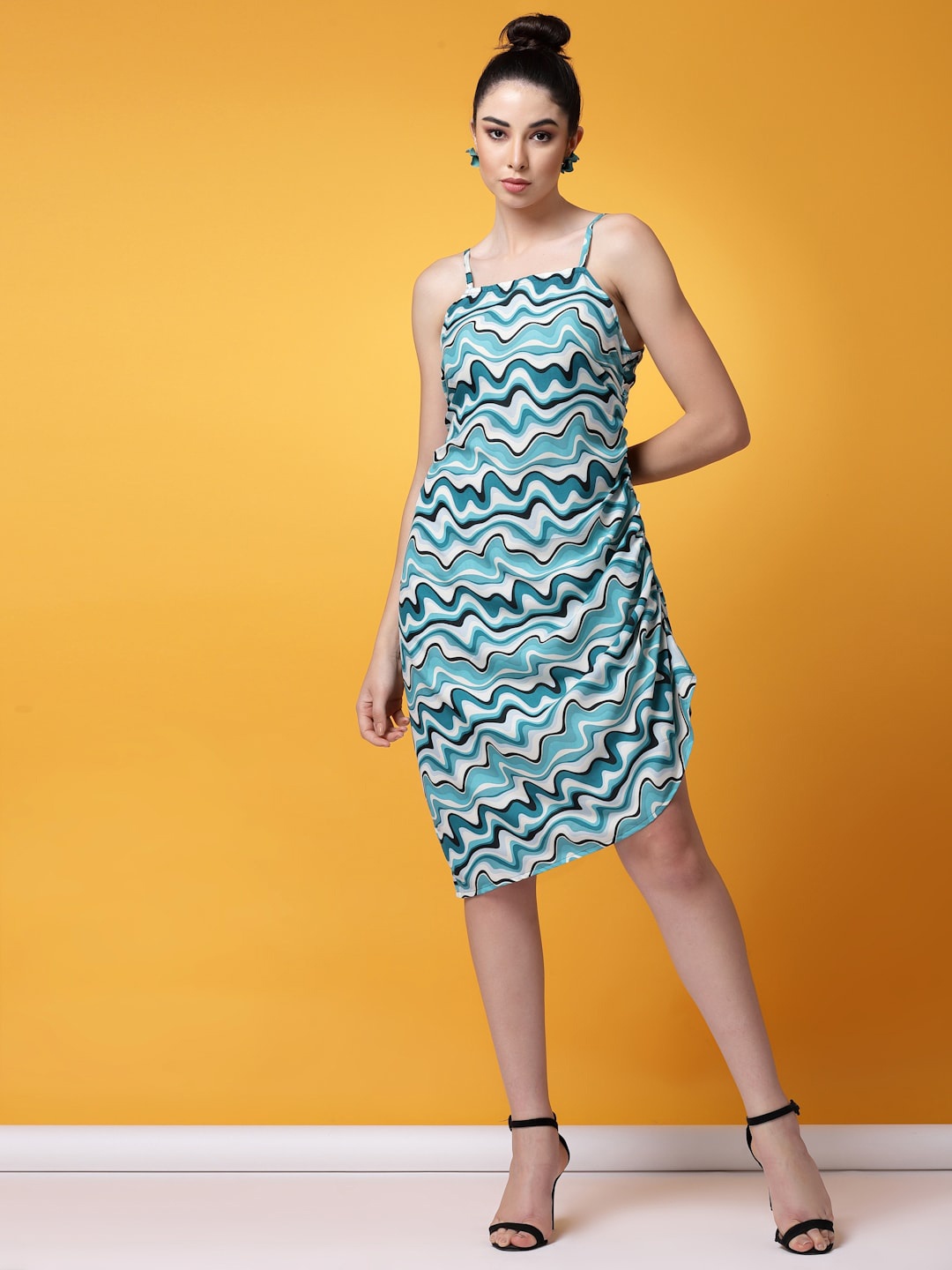 Oomph! Abstract Printed Ruched Asymmetric A-Line Dress, Teal