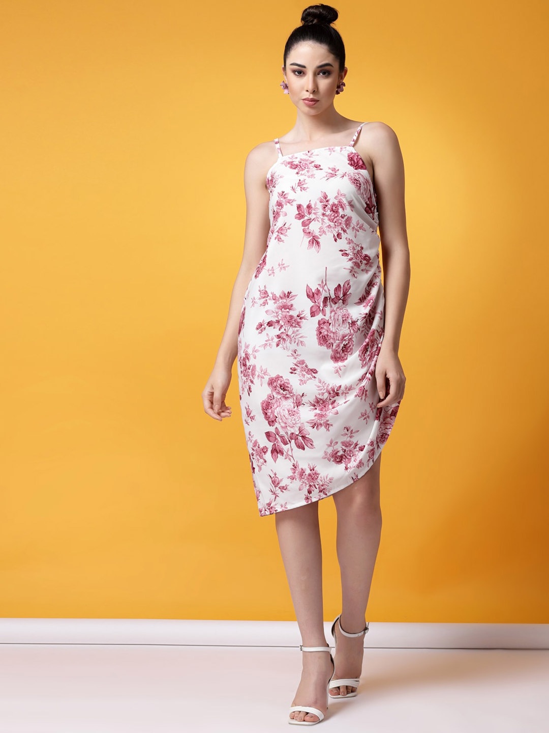 

Oomph! Floral Printed Ruched Asymmetric A-Line Dress, White