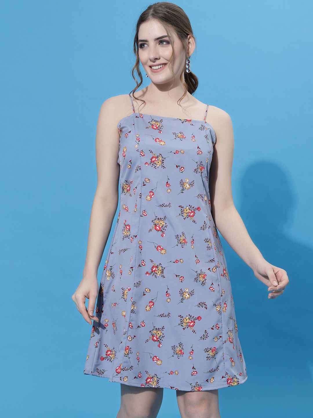 

Oomph! Floral Printed Shoulder Strap A-Line Mini Dress, Grey