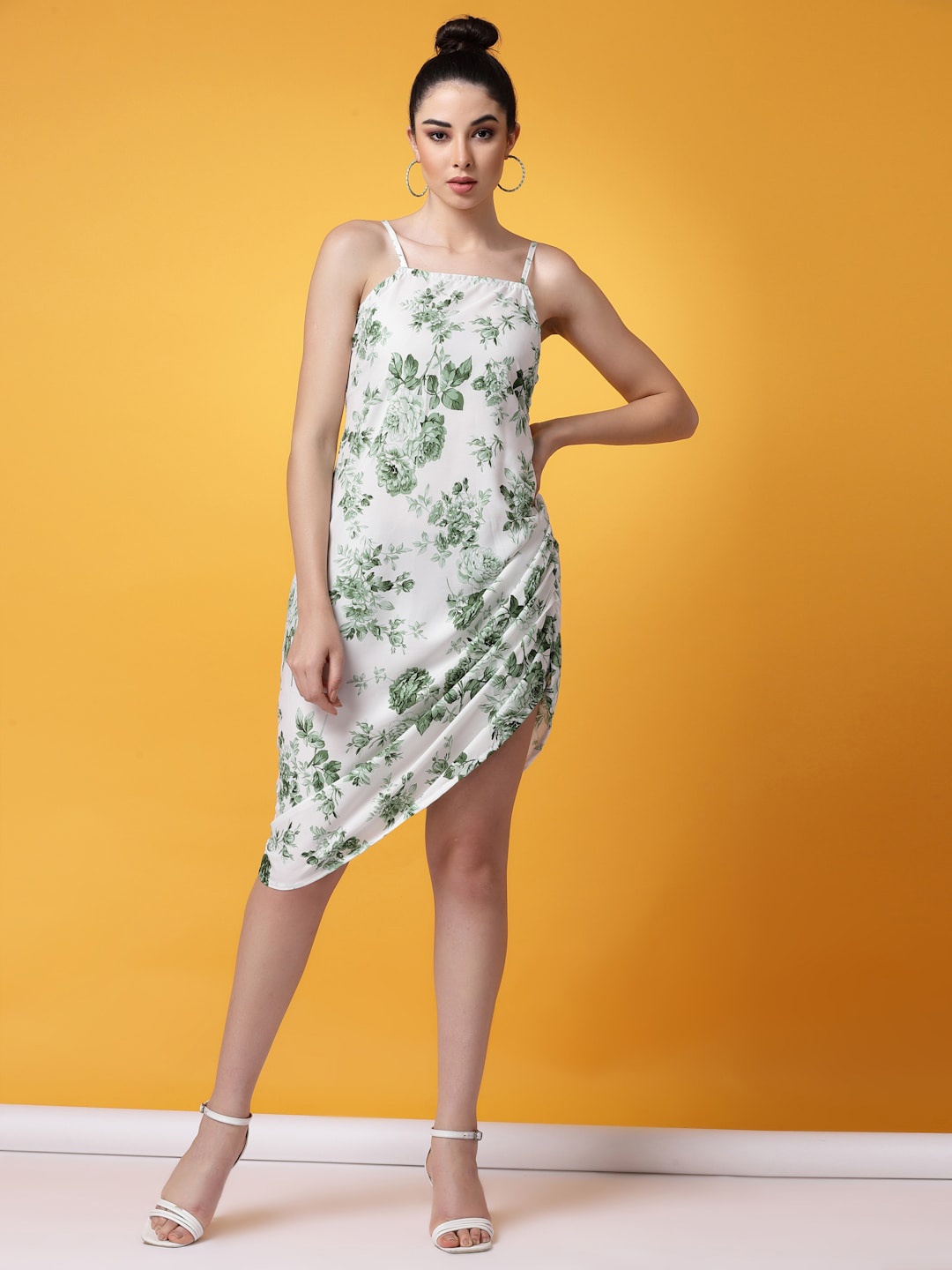 

Oomph! Floral Printed Asymmetric Ruched A-Line Dress, Green