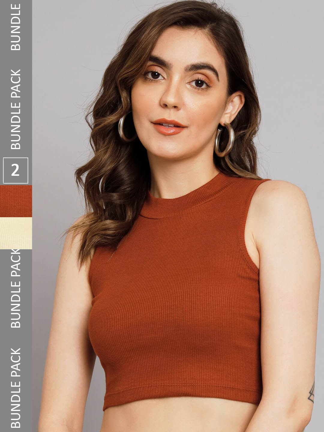 

GUTI Pack Of 2 Ribbed Sleeveless Casual Crop Top, Rust