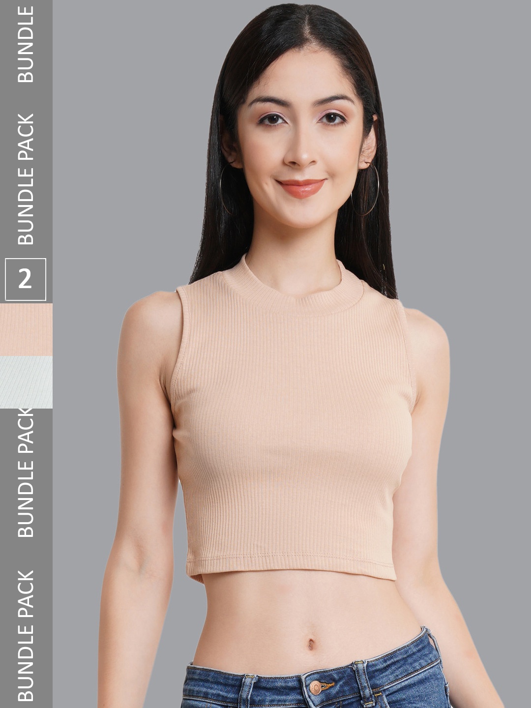 

GUTI Pack Of 2 Ribbed Sleeveless Casual Crop Top, Beige