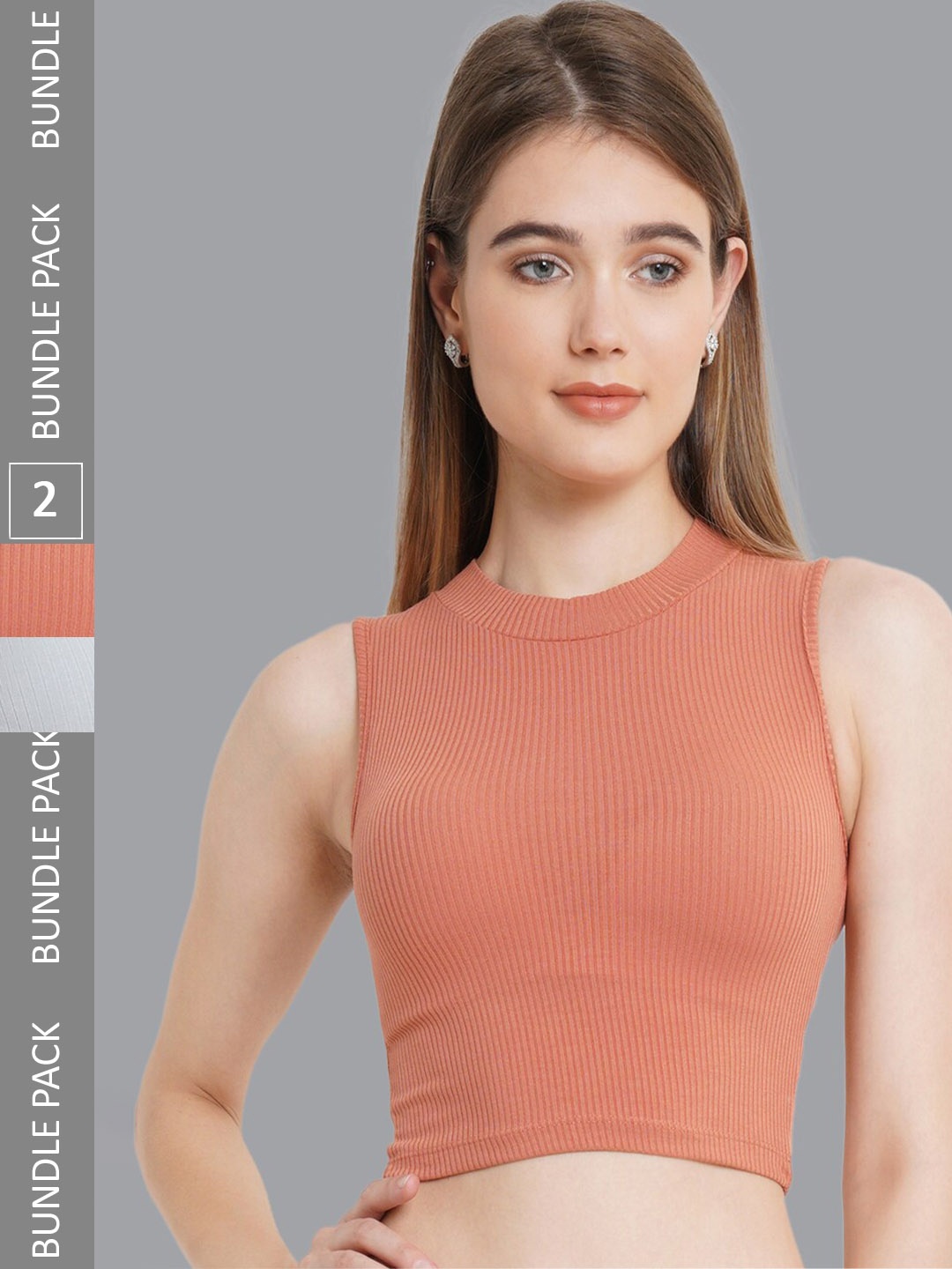 

GUTI Pack Of 2 Ribbed Sleeveless Casual Crop Tops, Peach