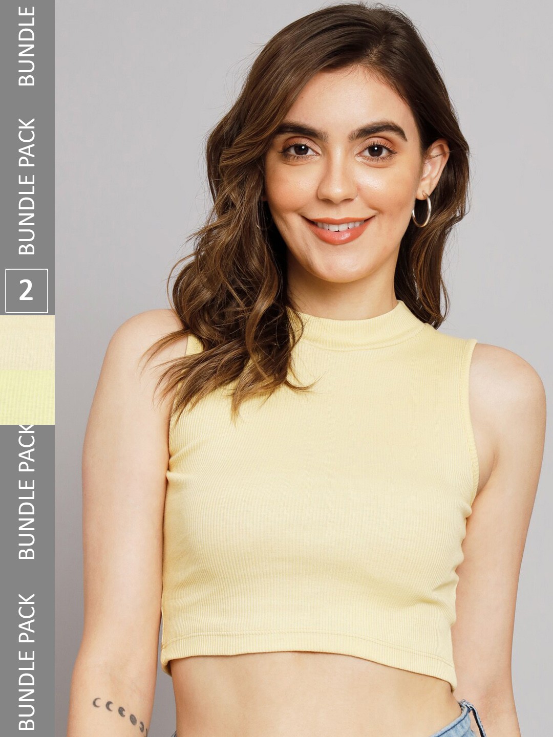 

GUTI Pack Of 2 Ribbed Sleeveless Casual Crop Tops, Yellow