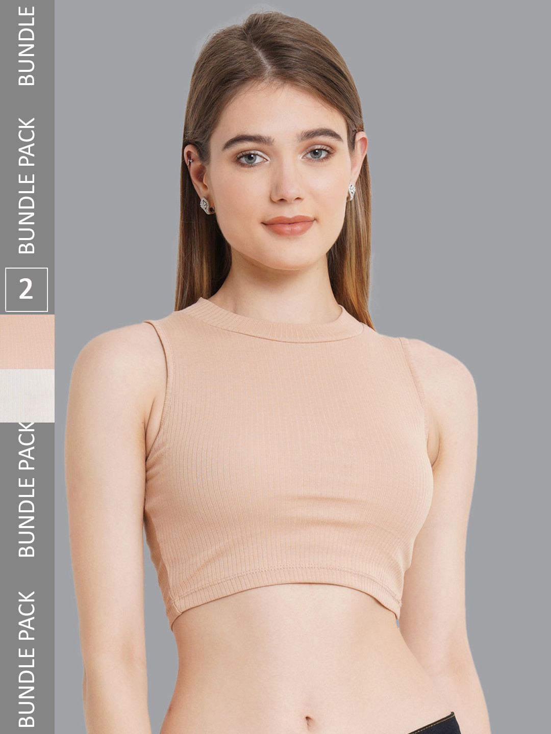 

GUTI Pack Of 2 Ribbed Sleeveless Casual Crop Tops, Beige