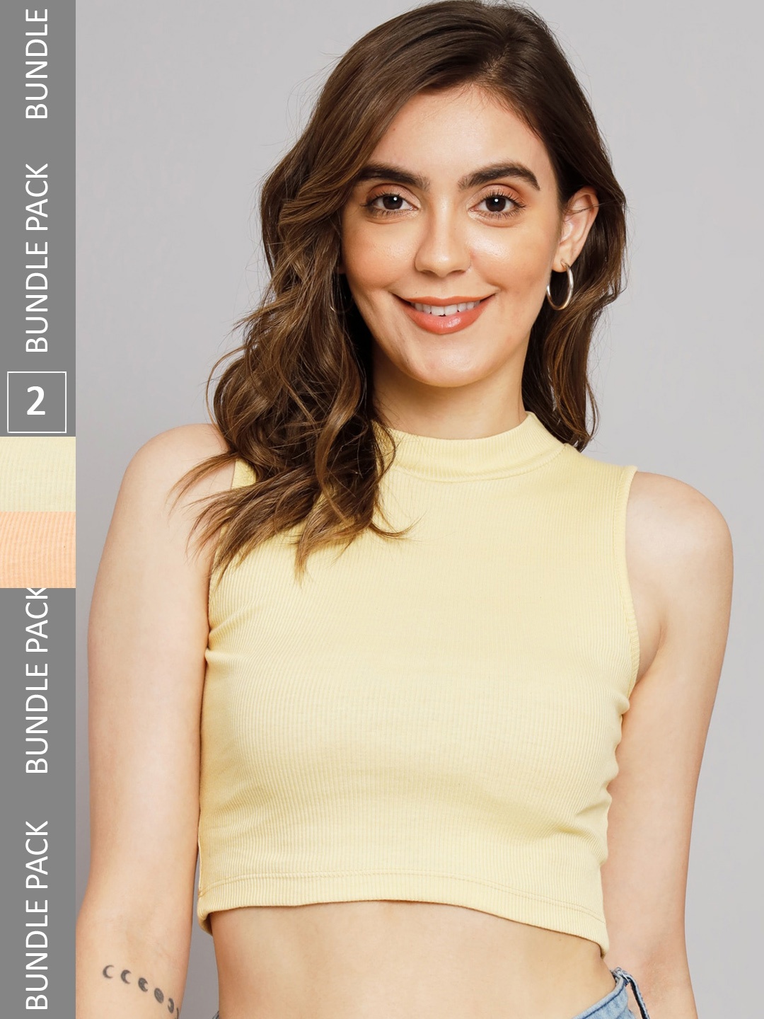 

GUTI Pack Of 2 Ribbed Sleeveless Casual Crop Tops, Orange