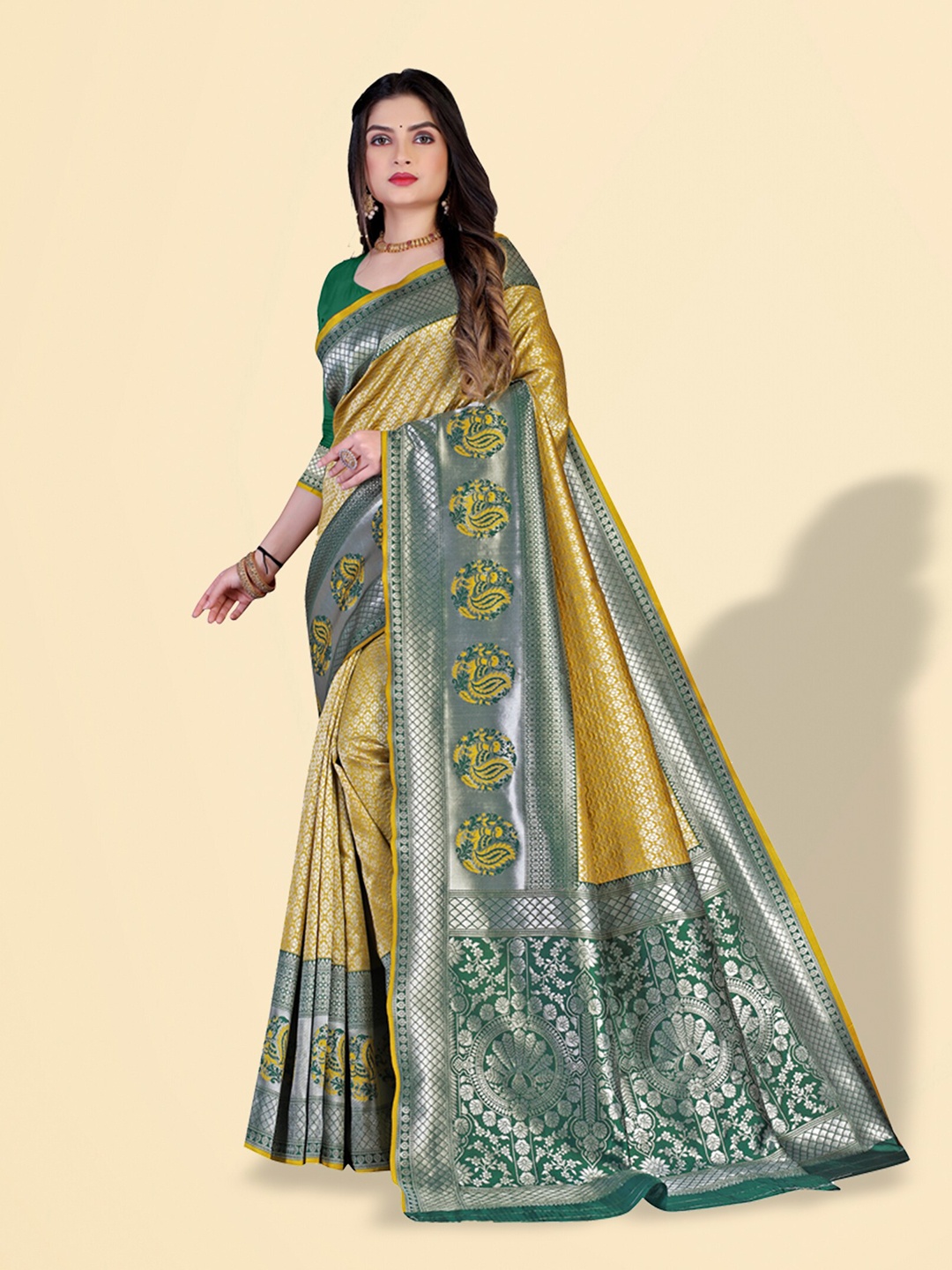 

N N ENTERPRISE Woven Design Zari Kanjeevaram Saree, Yellow