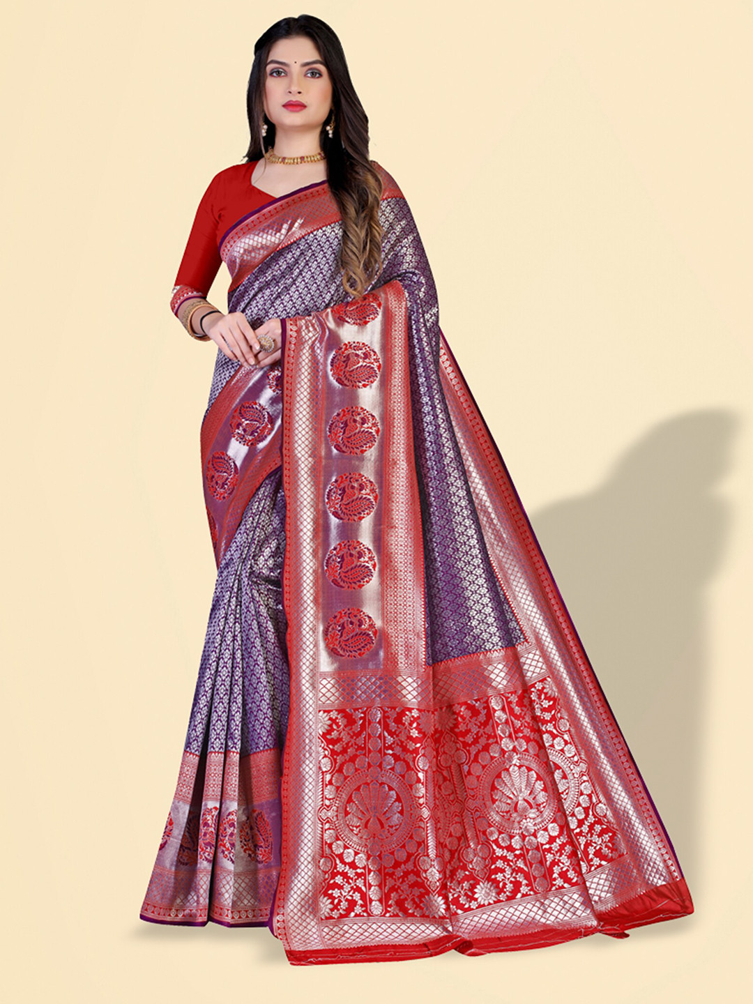 

N N ENTERPRISE Woven Design Zari Kanjeevaram Saree, Purple
