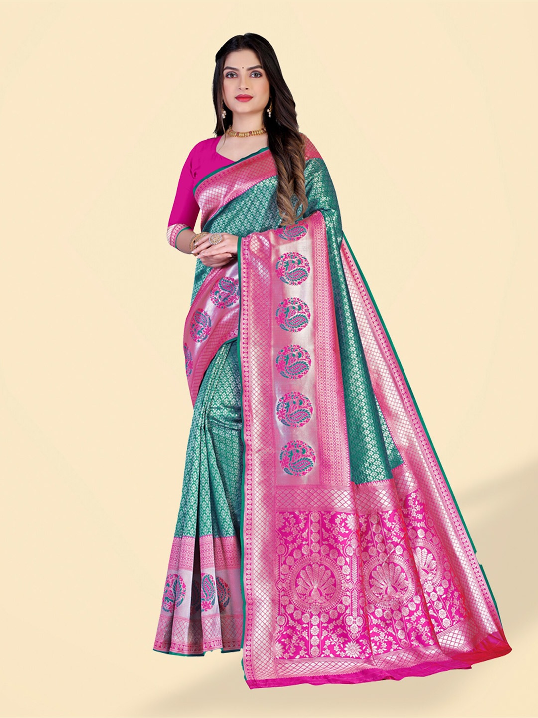 

N N ENTERPRISE Woven Design Zari Kanjeevaram Saree, Sea green