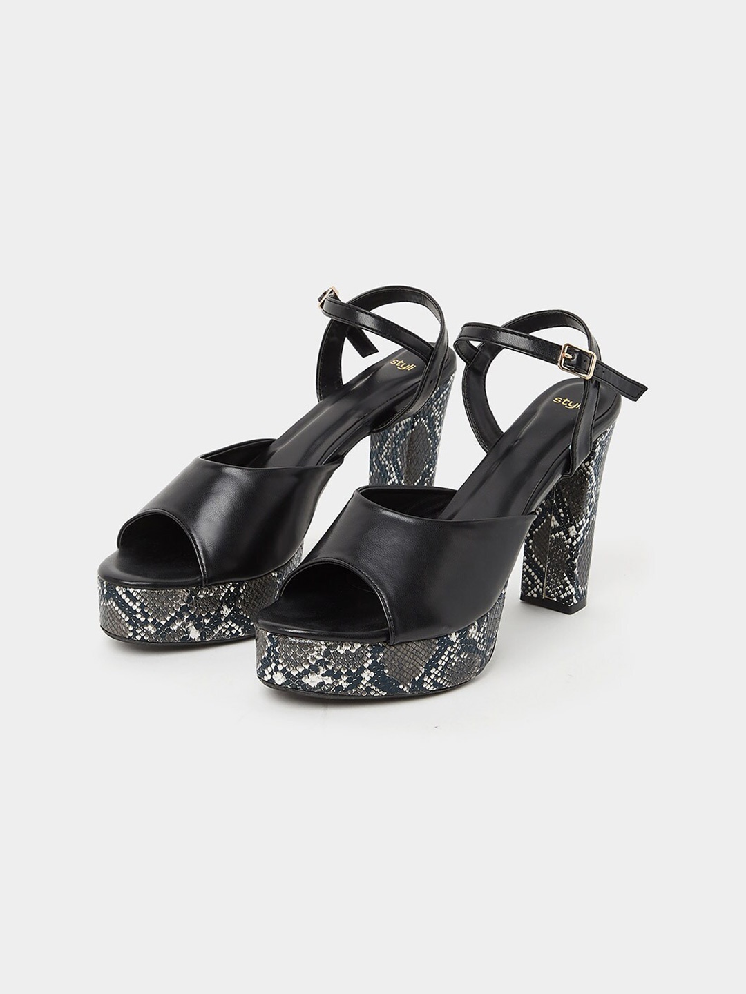 

Styli Black & Brown Printed Open Toe Platform Heels