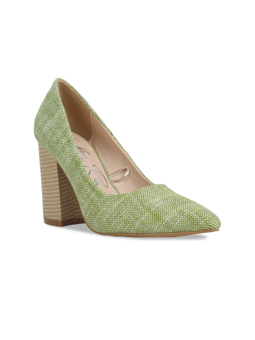 

London Rag Woven Design Block Heel Pumps, Green