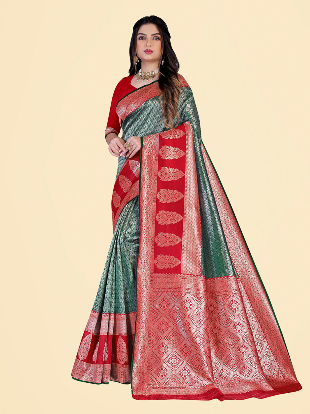 

N N ENTERPRISE Woven Design Zari Kanjeevaram Saree, Green