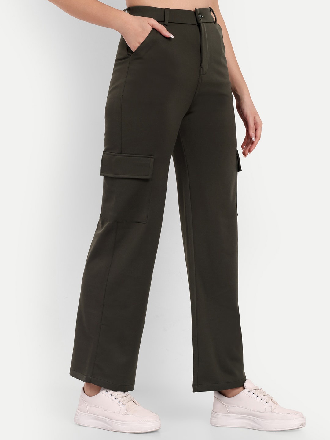 

BROADSTAR Women Smart Straight Fit High-Rise Easy Wash Cargos Trousers, Olive