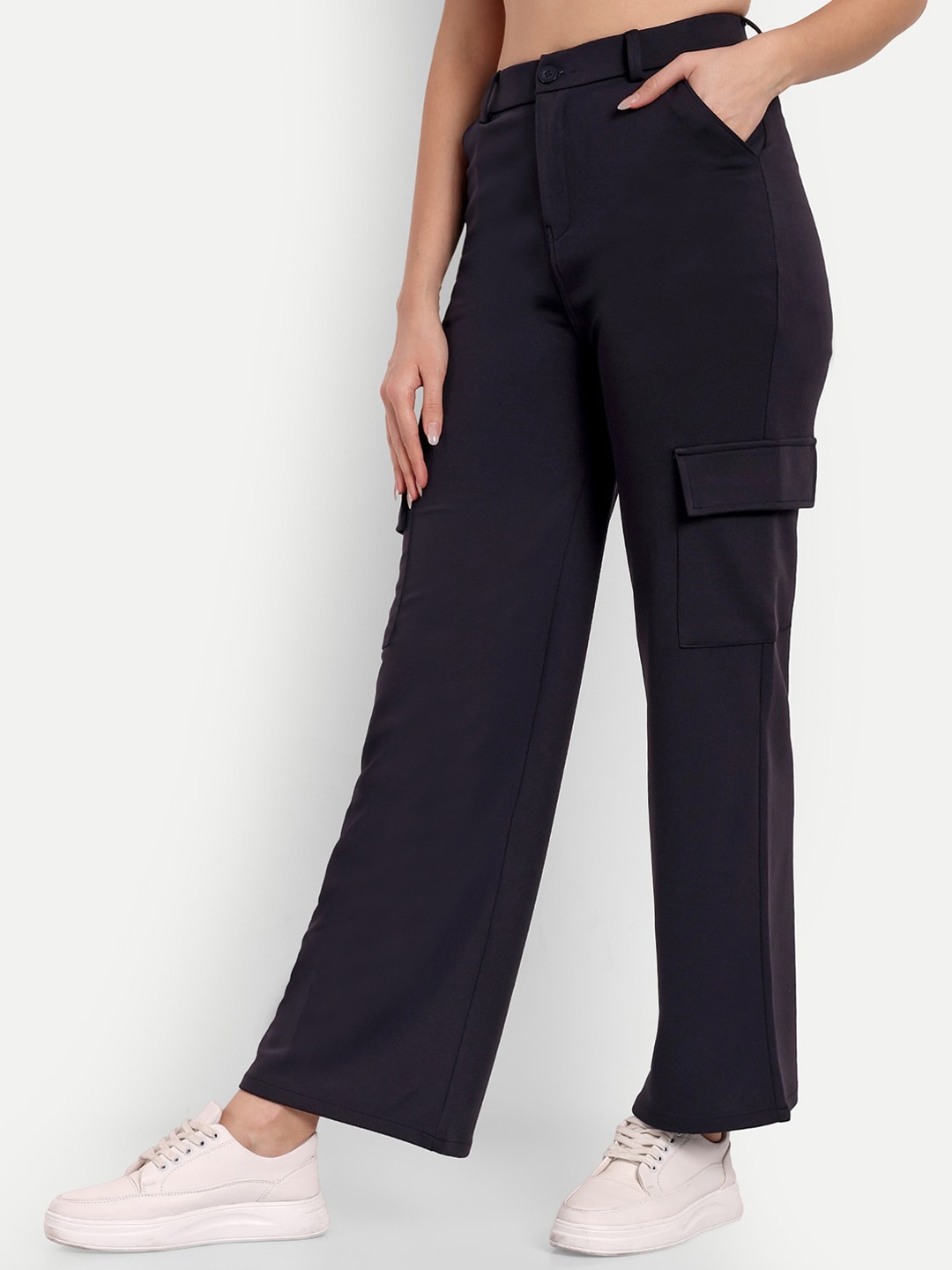 

BROADSTAR Women Smart Straight Fit High-Rise Easy Wash Cargo Trousers, Navy blue