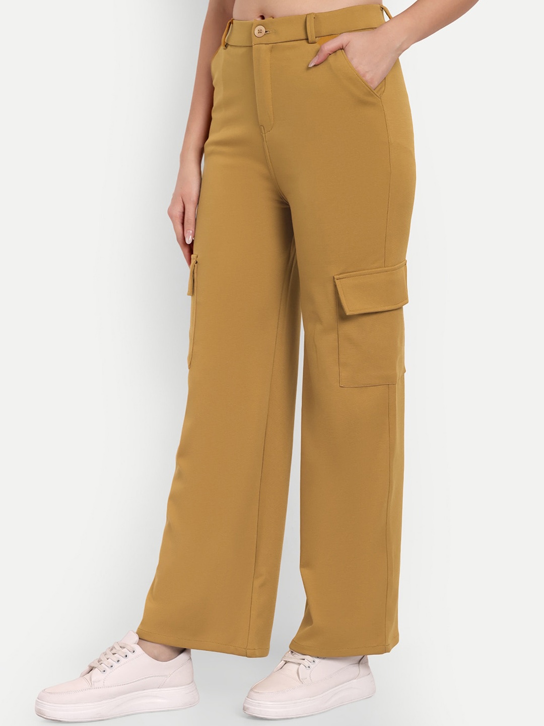 

BROADSTAR Women Smart Straight Fit High-Rise Easy Wash Cargo Trousers, Mustard