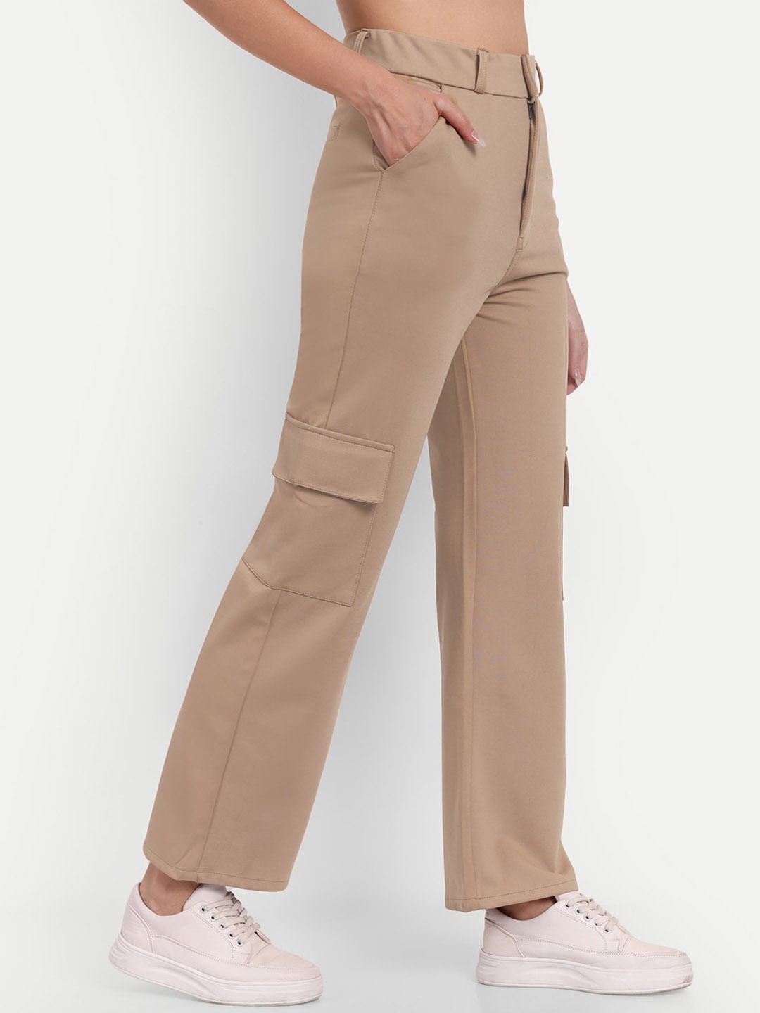 

BROADSTAR Women Beige Smart Straight Fit High-Rise Trousers