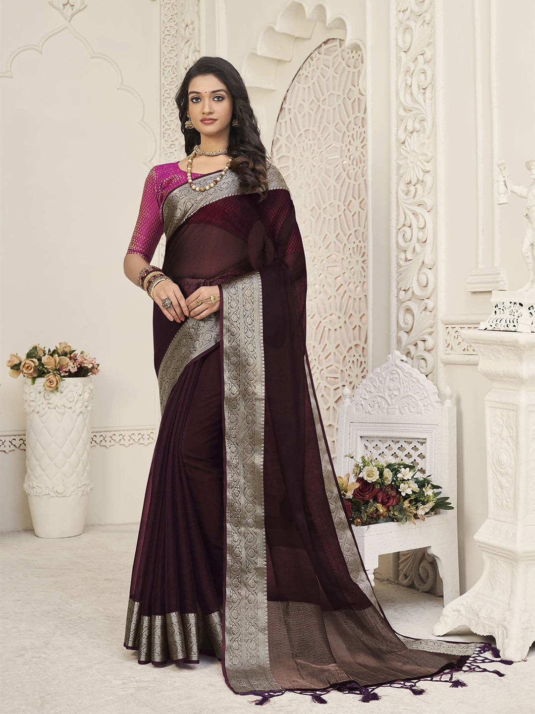 

elora Zari Organza Bhagalpuri Saree, Brown