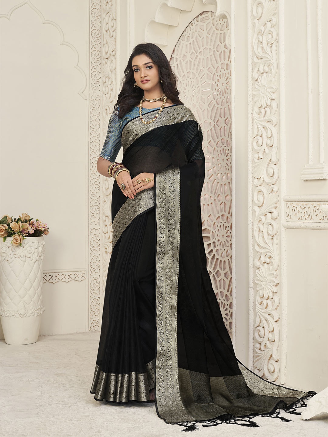 

elora Zari Organza Bhagalpuri Saree, Black