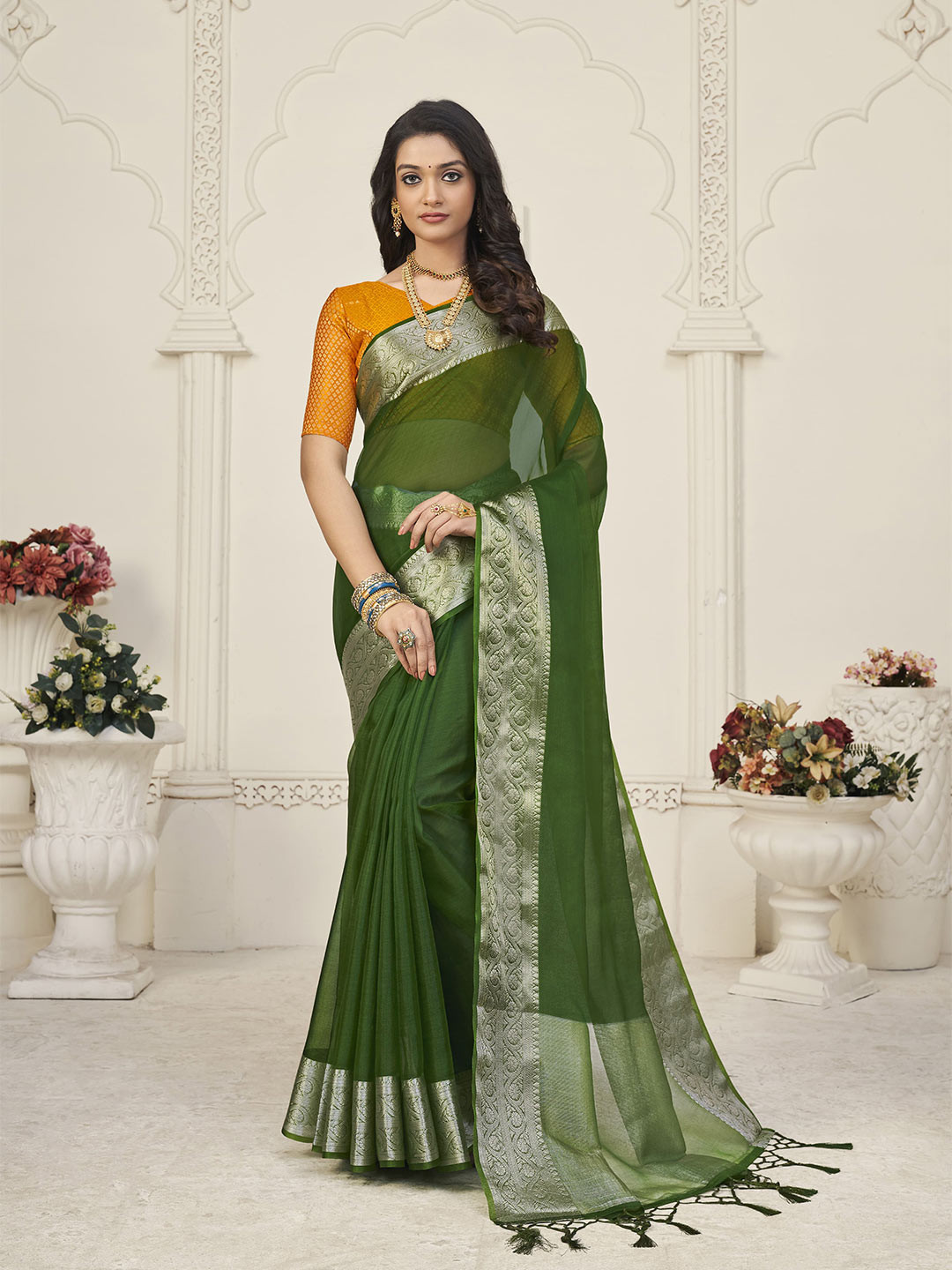

elora Zari Organza Bhagalpuri Saree, Green