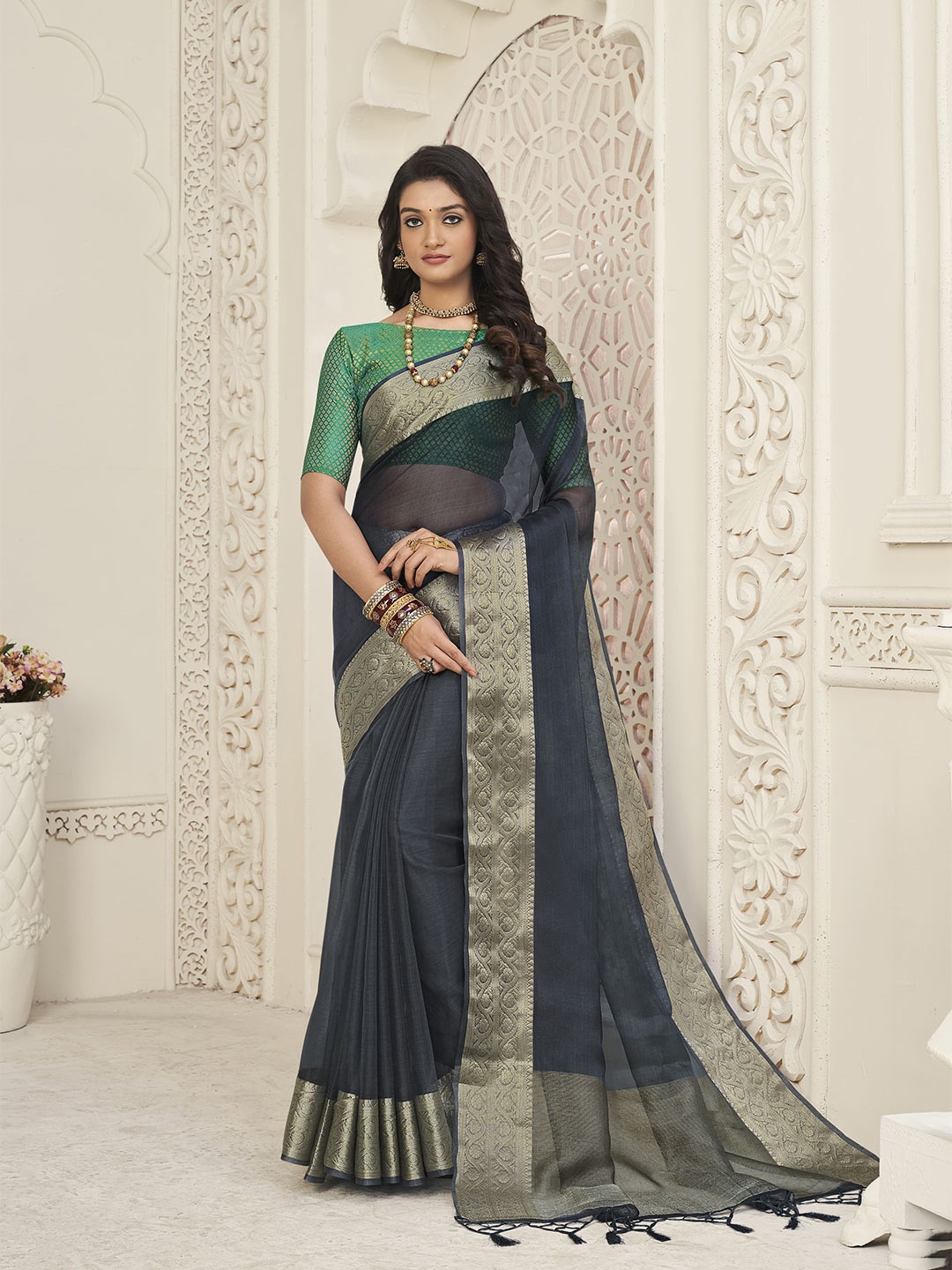 

elora Zari Organza Bhagalpuri Saree, Grey