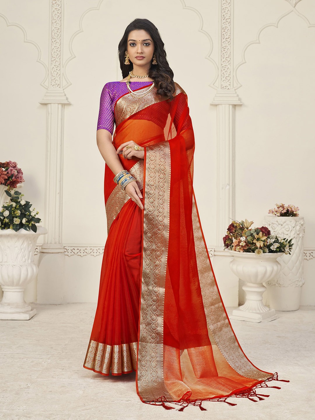 

elora Zari Organza Bhagalpuri Saree, Orange