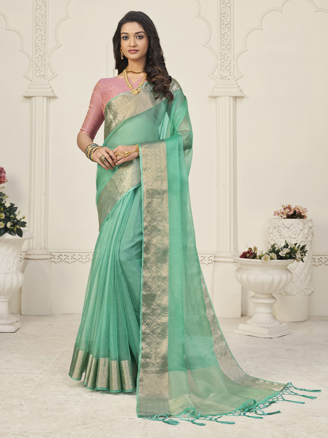 

elora Zari Organza Bhagalpuri Saree, Turquoise blue