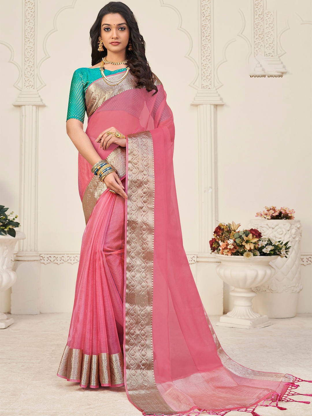 

elora Zari Organza Bhagalpuri Saree, Pink