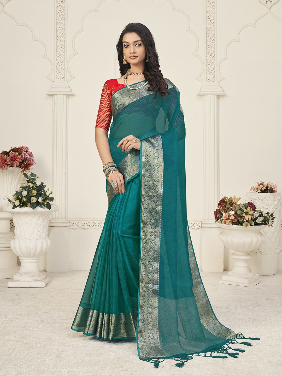 

elora Zari Organza Bhagalpuri Saree, Turquoise blue