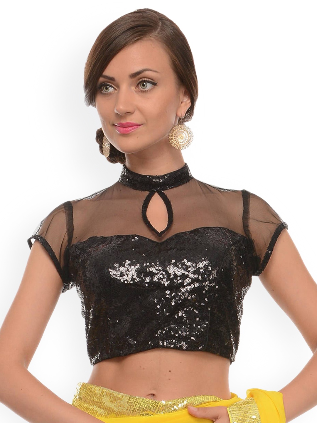 

KAANCHIE NANGGIA Sequins Embellished Keyhole Neck Open Back Saree Blouse, Black