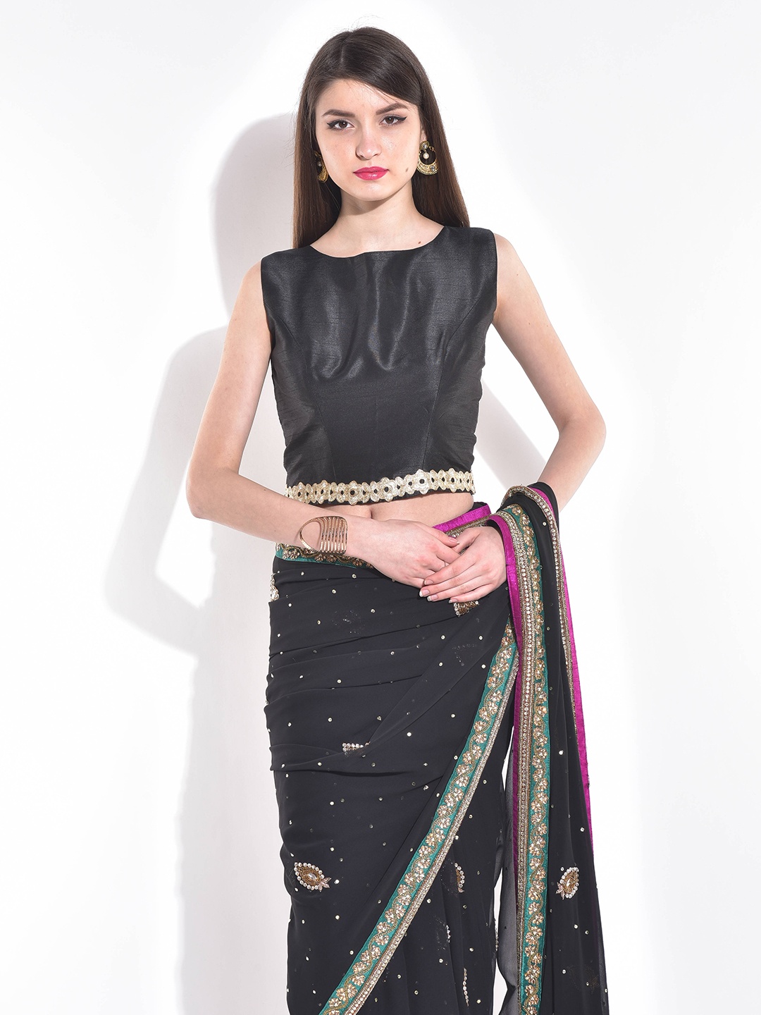 

KAANCHIE NANGGIA Gotta Patti Embellished Round Neck Silk Saree Blouse, Black