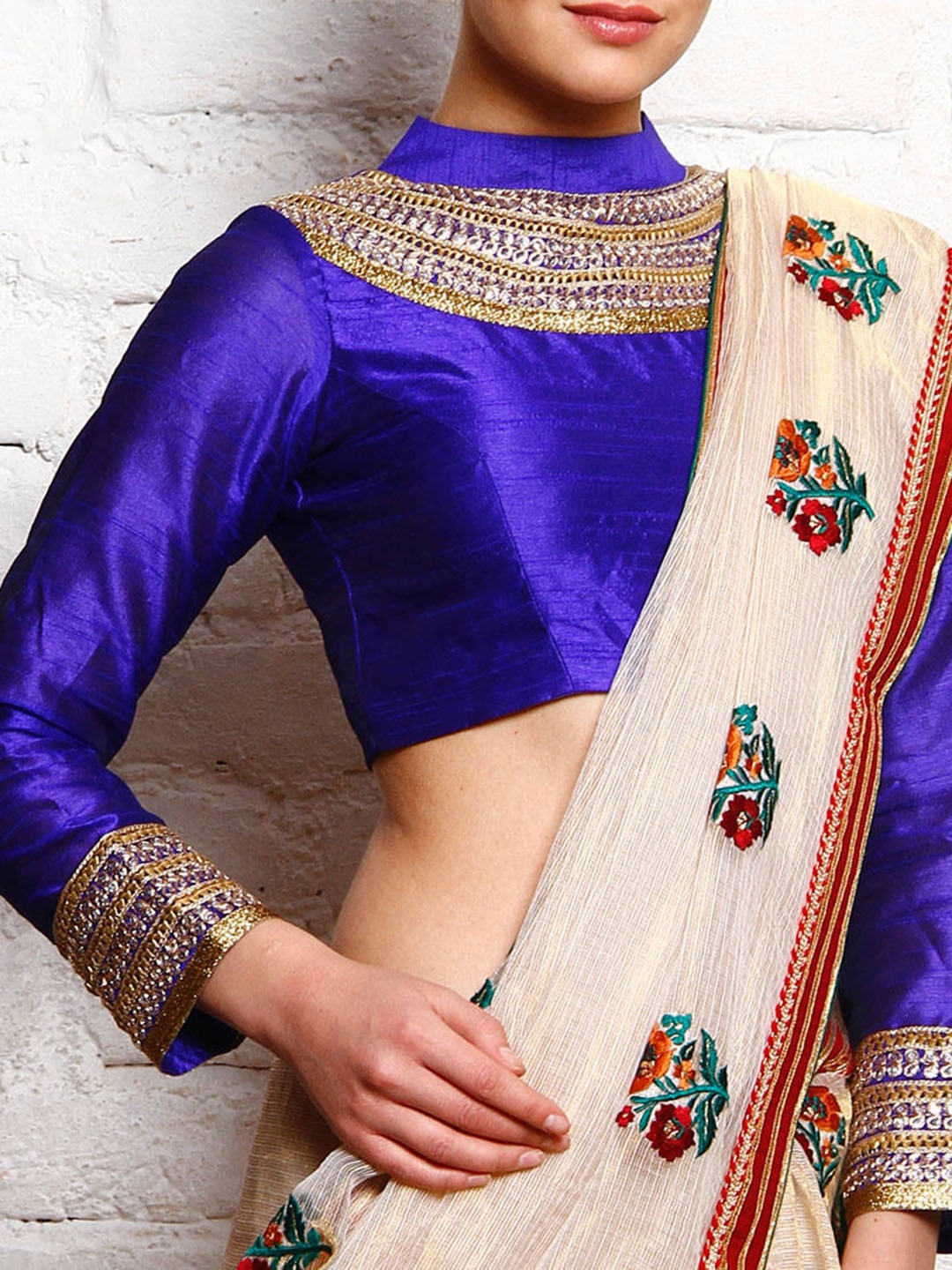 KAANCHIE NANGGIA Metallic Thread Work Embroidered Silk Saree Blouse, Blue
