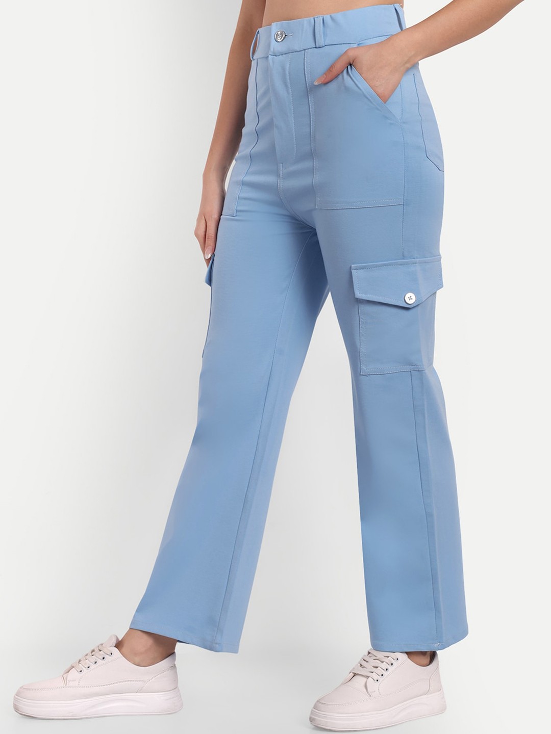 

Next One Women Smart High-Rise Easy Wash Straight Fit Cargos Trousers, Blue
