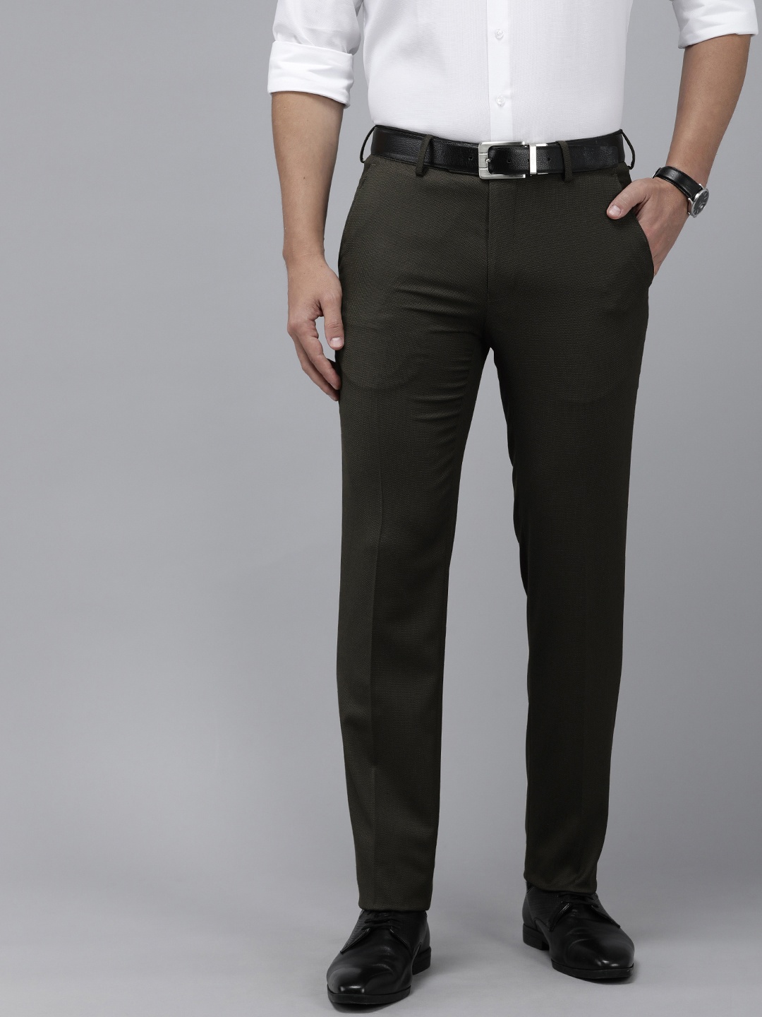 Van Heusen Men Textured Slim Fit Trousers, Olive