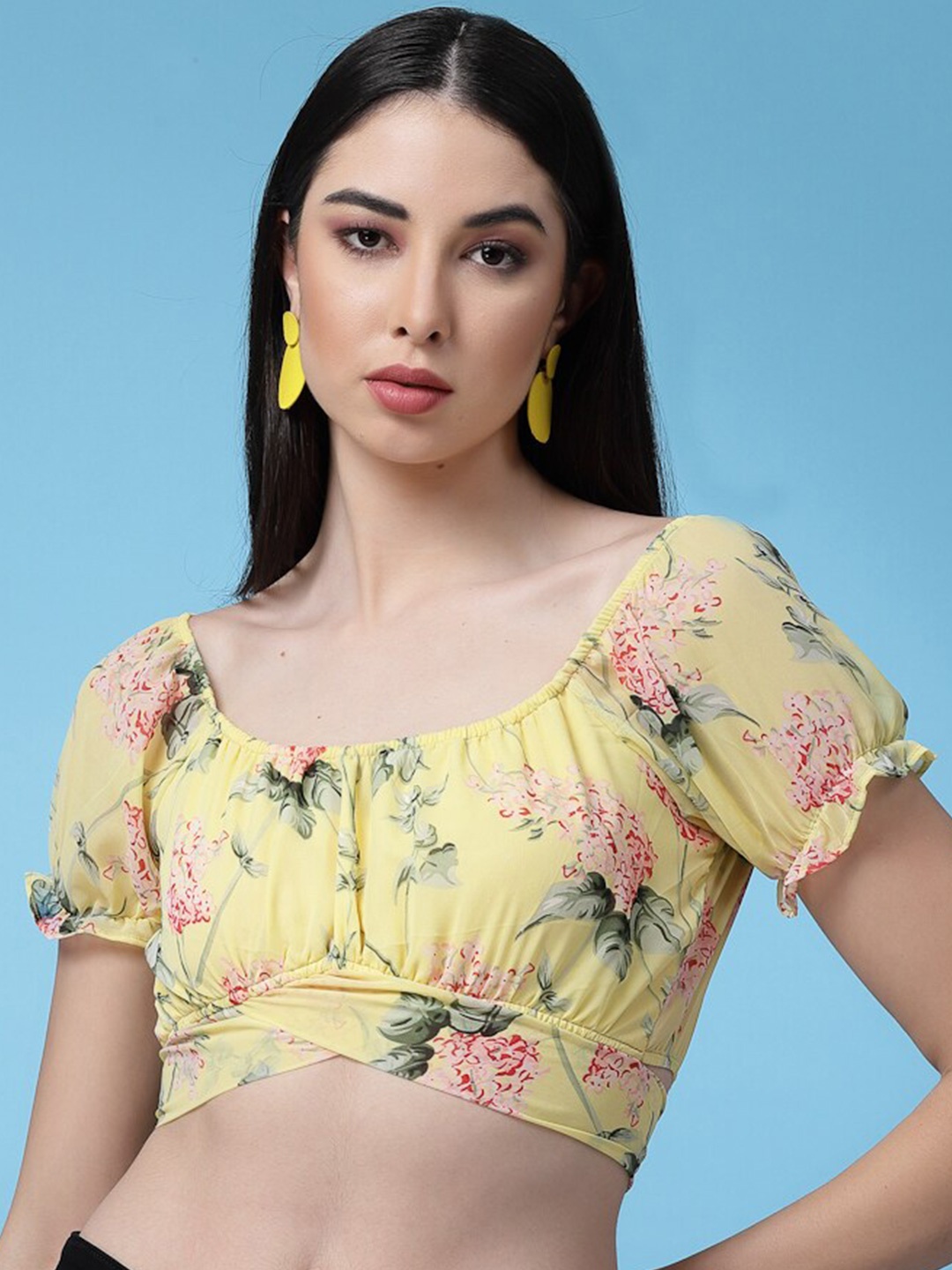 Oomph! Floral Printed Puff Sleeves Waist Tie-Up Regular Crop Top, Yellow