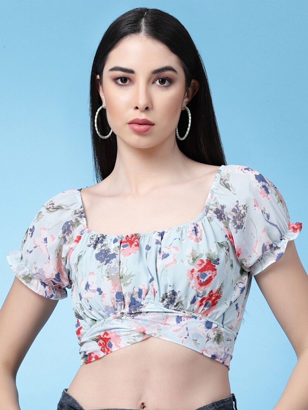 

Oomph! Floral Printed Puff Sleeves Waist Tie-Up Regular Crop Top, Blue