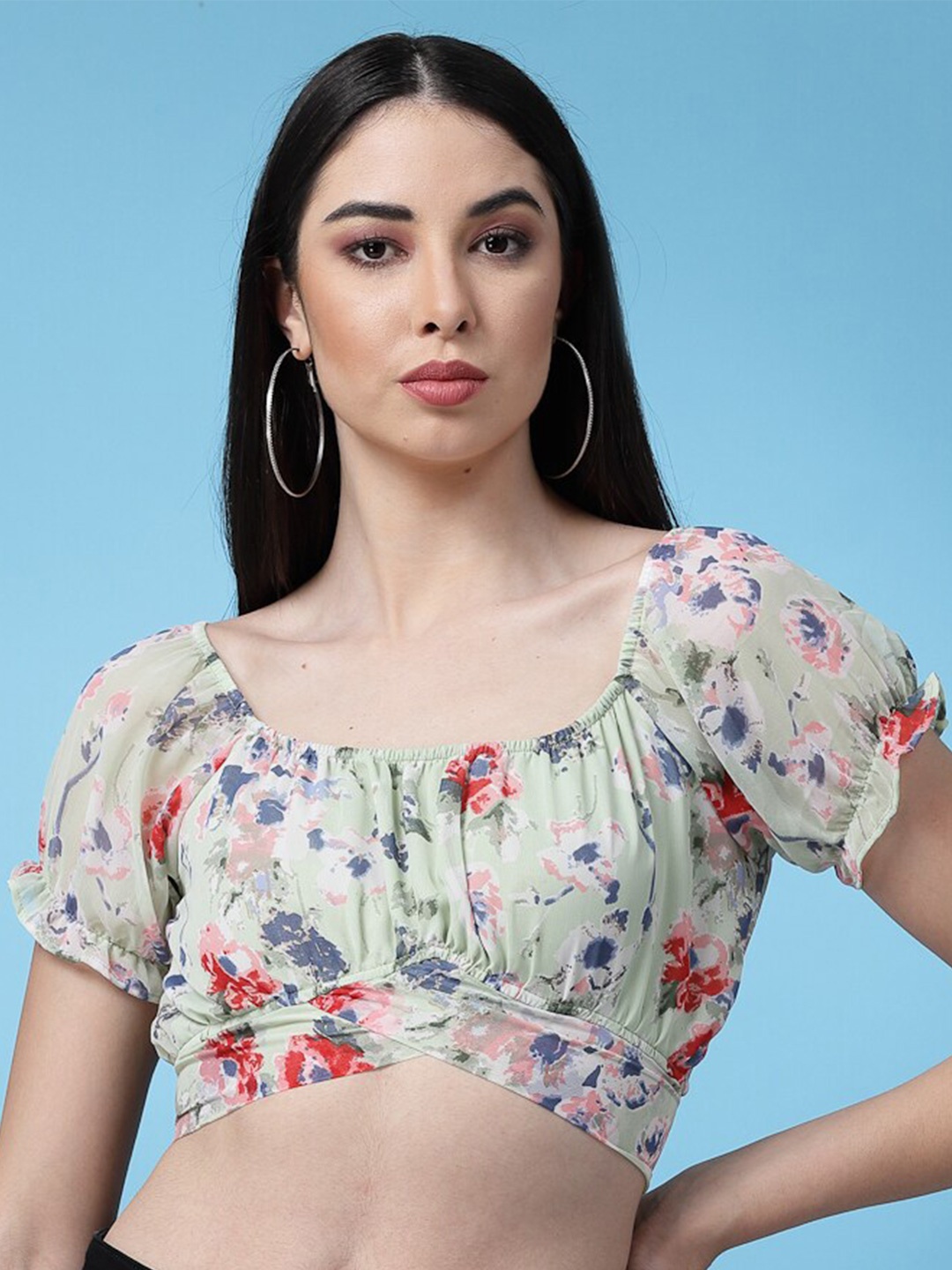 

Oomph! Floral Printed Puff Sleeves Waist Tie-Up Regular Crop Top, Green