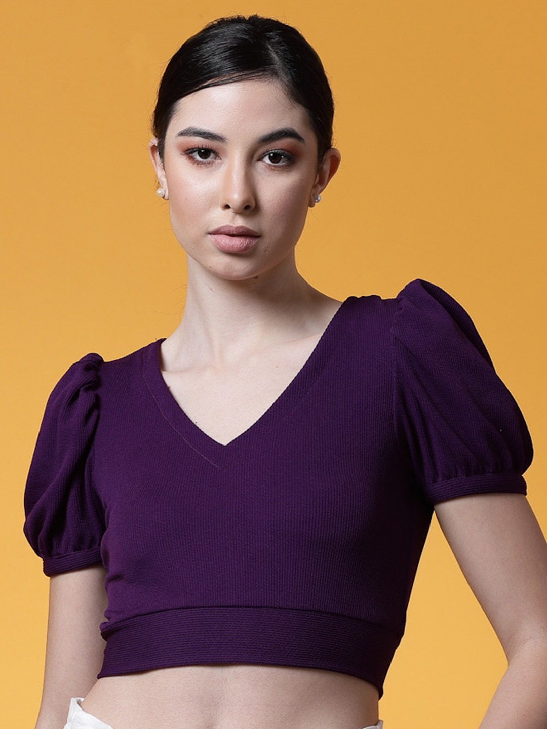 

Oomph! Puff Sleeves V-Neck Crop Fitted Top, Purple