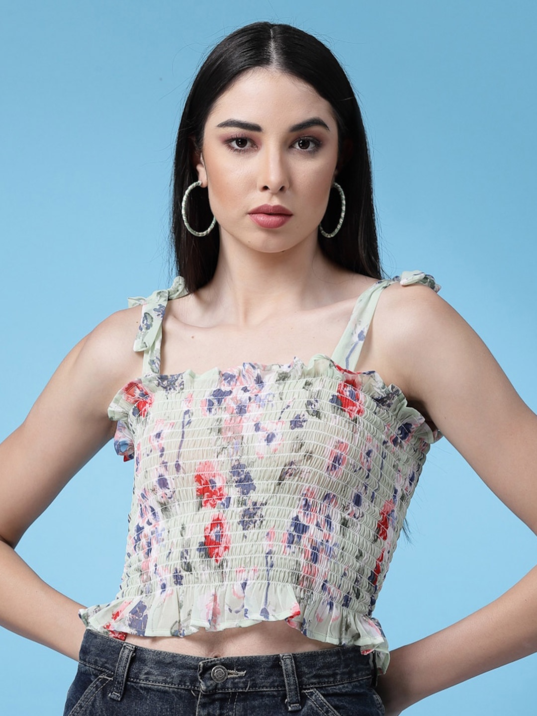 

Oomph! Floral Printed Shoulder Straps Smocked Fitted Crop Top, Green