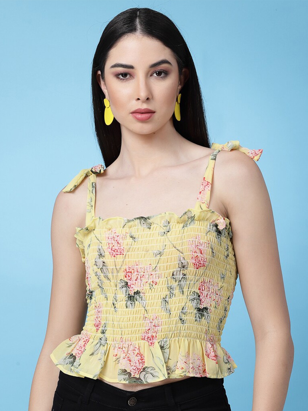 

Oomph! Floral Printed Smocked Fitted Crop Top, Yellow