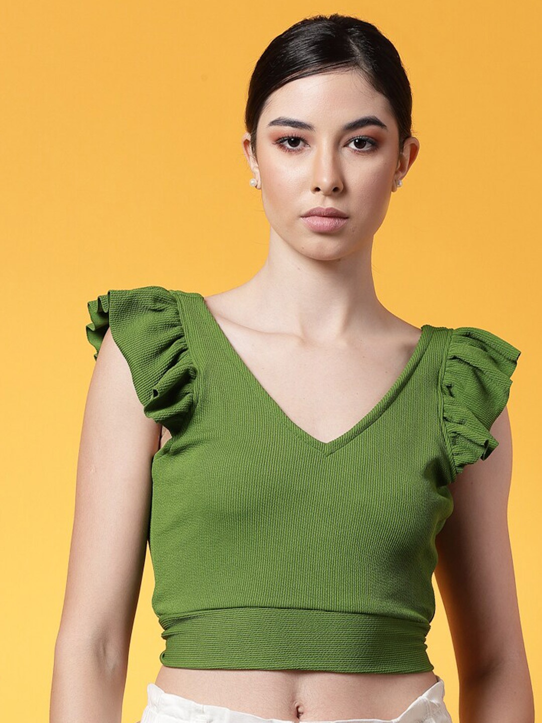 

Oomph! V-Neck Ruffles Styled Back Crop Top, Green