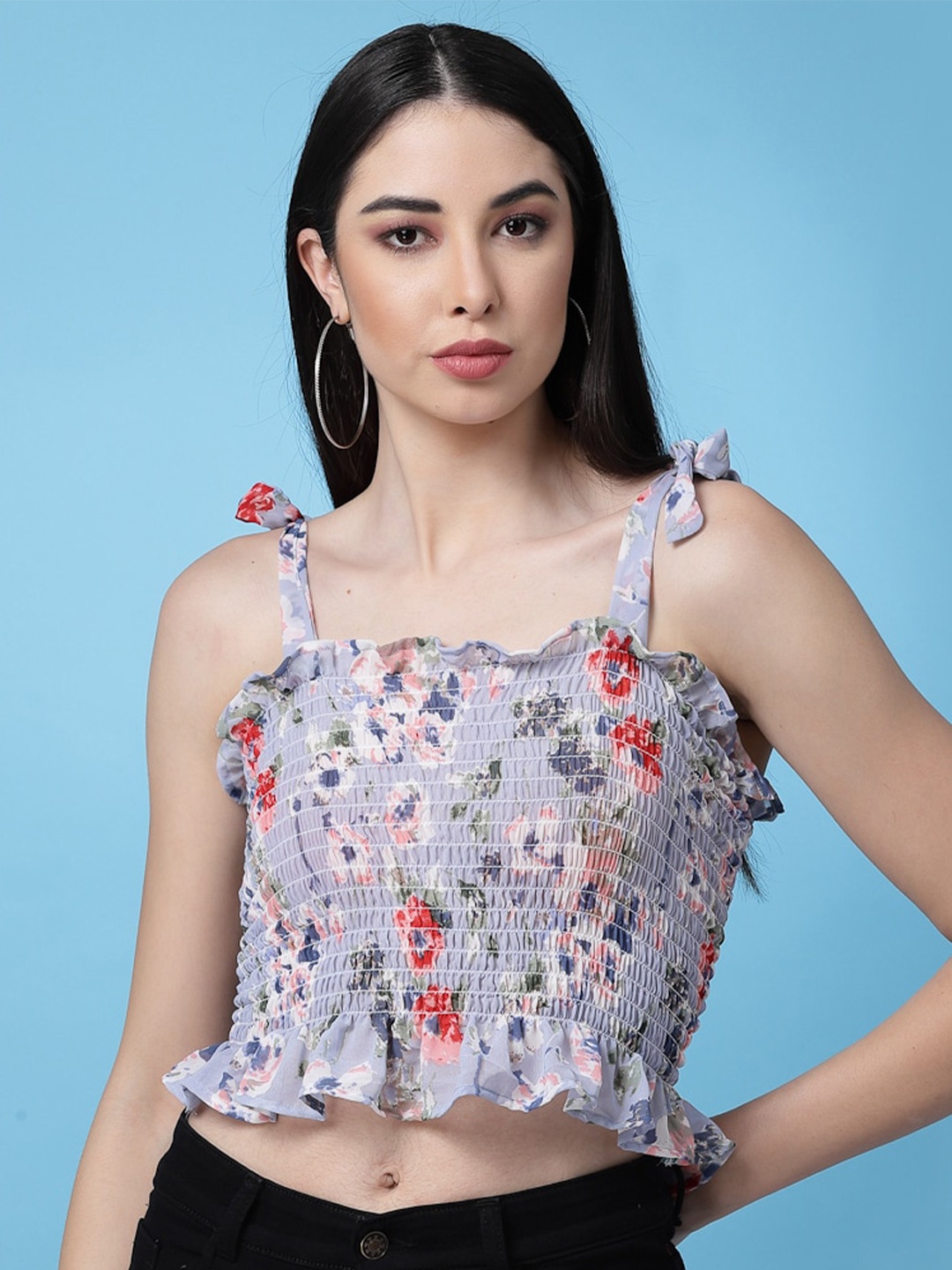 

Oomph! Floral Printed Smocked Fitted Crop Top, Blue