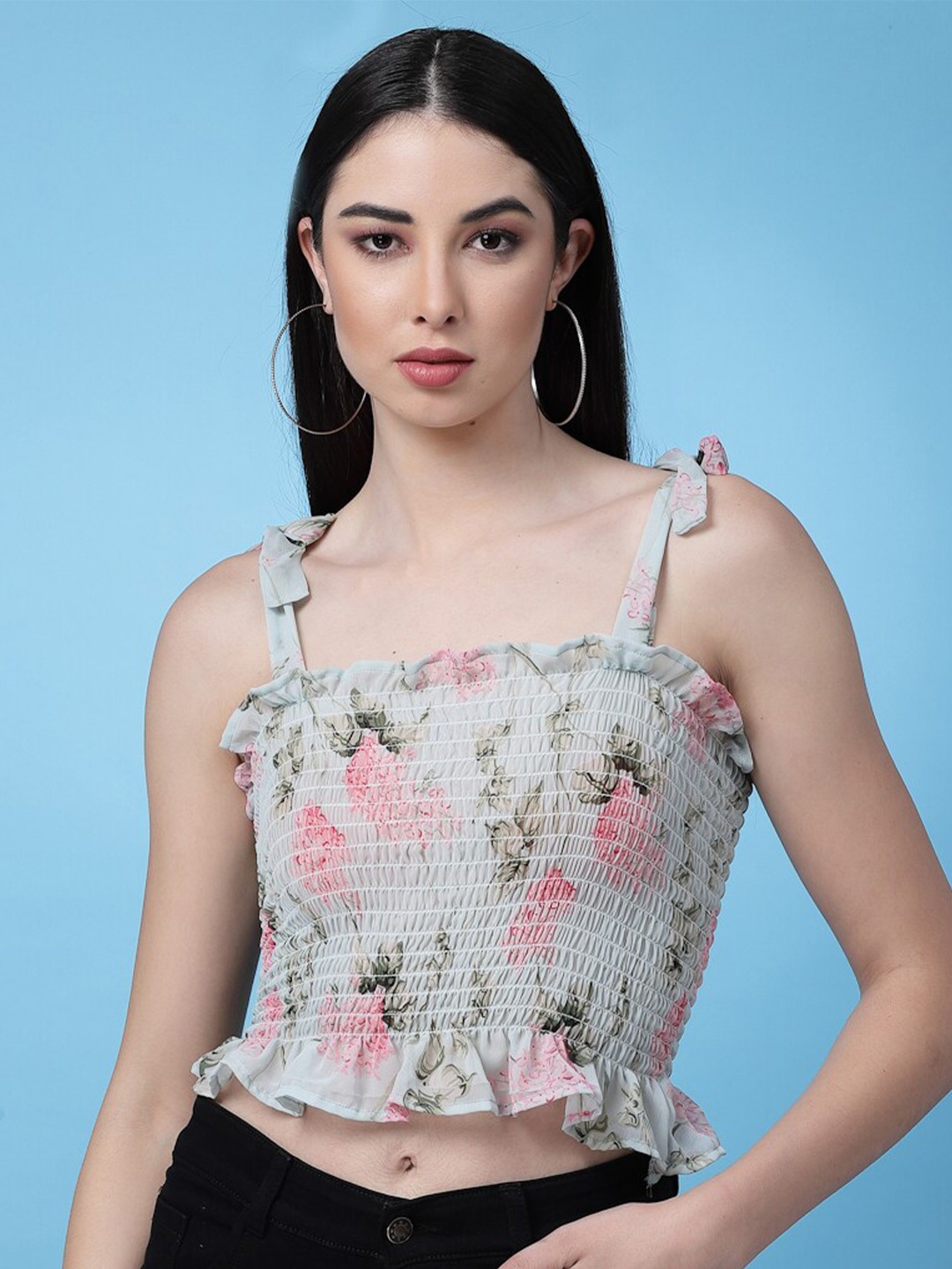 

Oomph! Floral Printed Smocked Fitted Crop Top, Blue