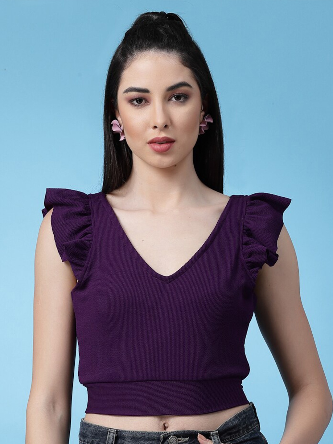 

Oomph! V-Neck Flutter Sleeves Tie-Up Styled Back Crop Top, Purple
