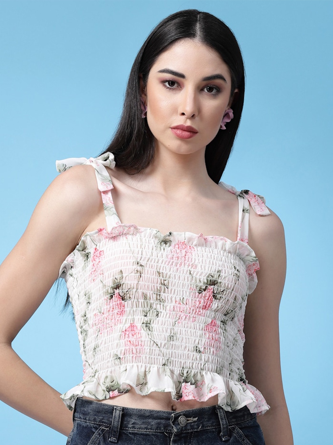 

Oomph! Floral Print Smocked Georgette Crop Top, White