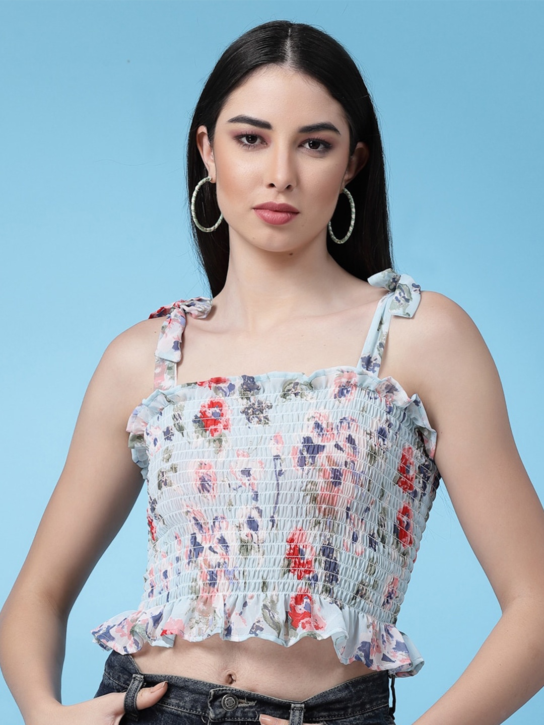 Oomph! Floral Print Smocked Tie-Up Crop Top, Blue