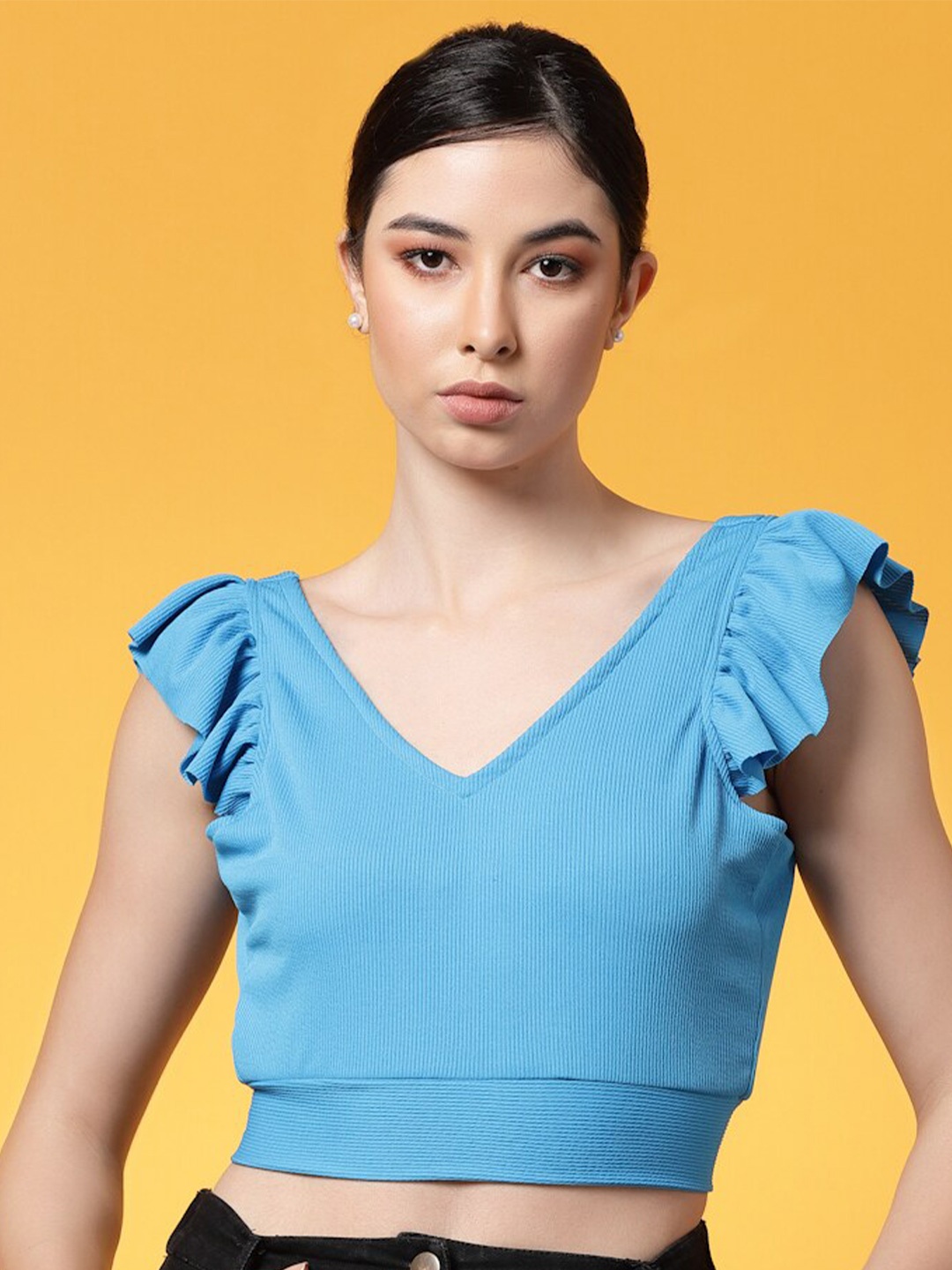 

Oomph! Flutter Sleeve Ruffles Styled Back Crop Top, Blue