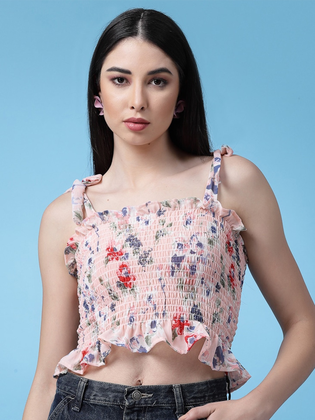 

Oomph! Floral Printed Smocked Crop Fitted Top, Orange