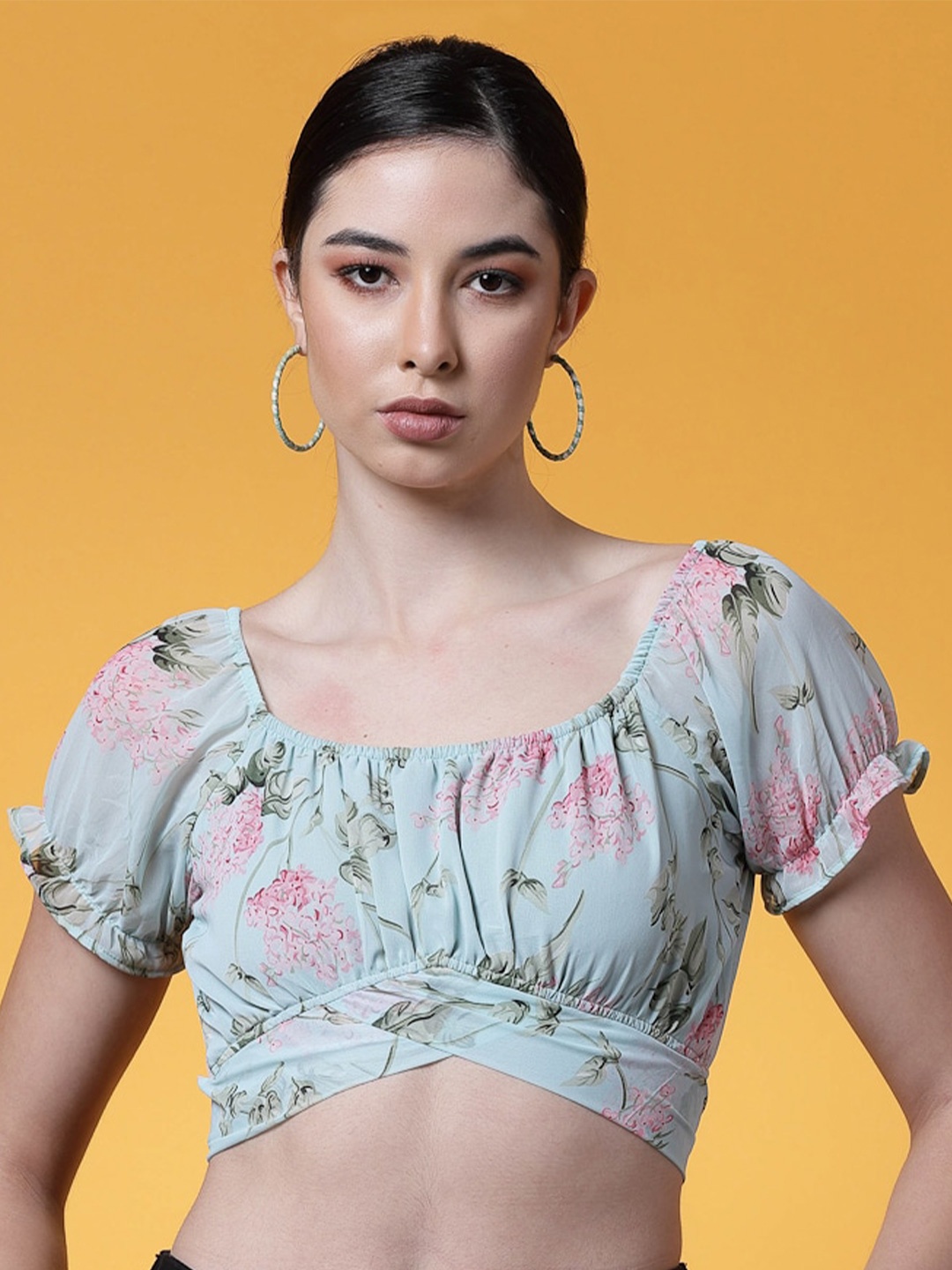 

Oomph! Floral Printed Puff Sleeve Georgette Fitted Crop Top, Blue