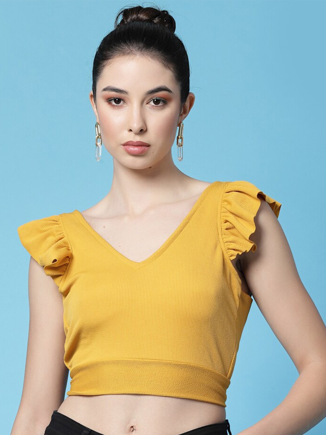 

Oomph! V-Neck Flutter Sleeves Ruffles Styled Back Crop Top, Yellow