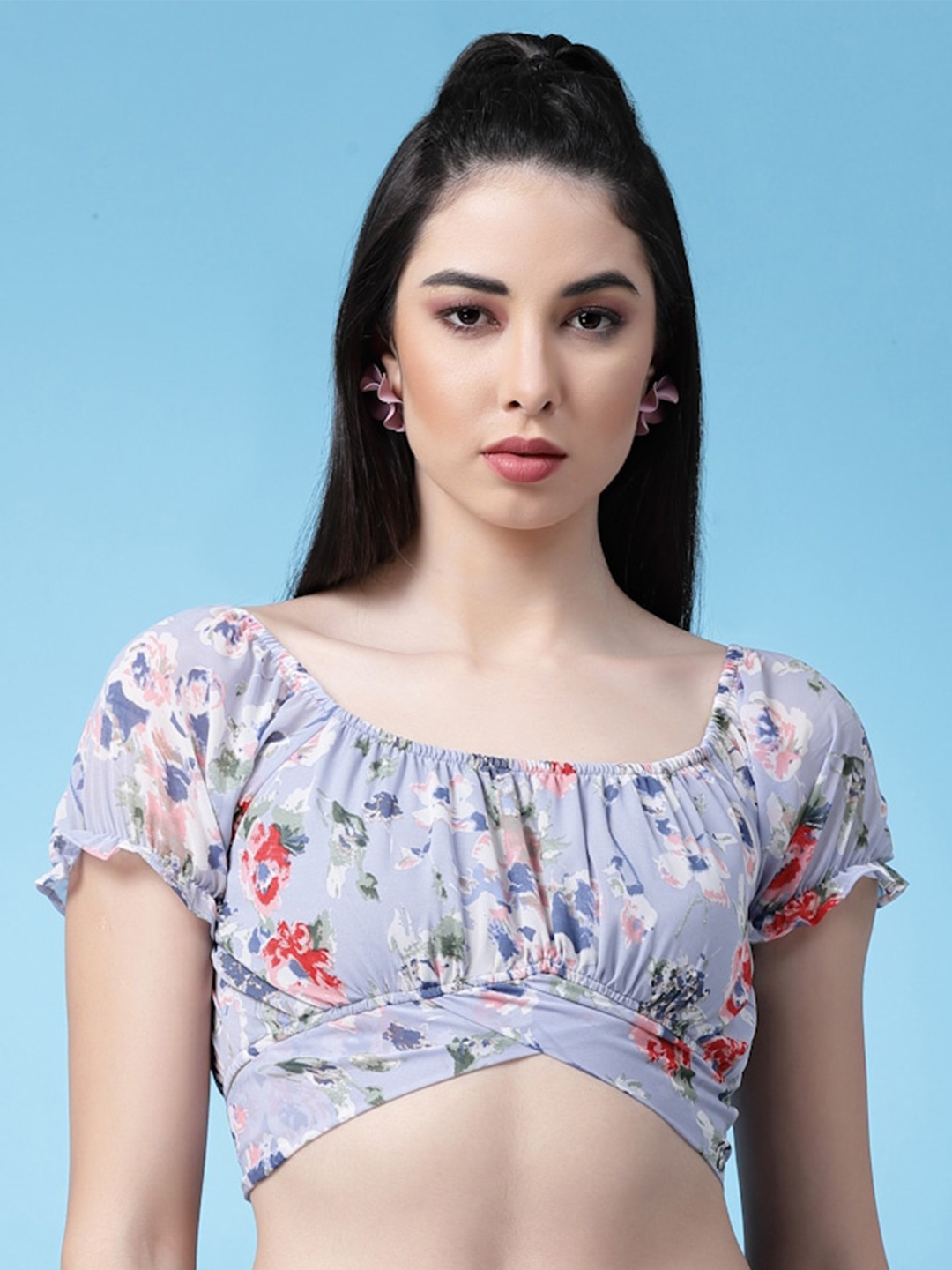 Oomph! Floral Printed Georgette Crop Top With Back Tie-ups, Blue